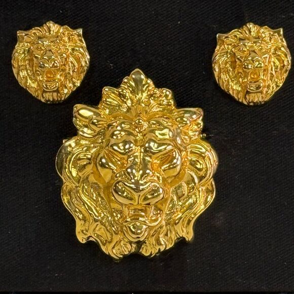 Vintage Anne Klein Gold Lion Head Pin and Pierced Earring Set in Original Box - Picture 2 of 4